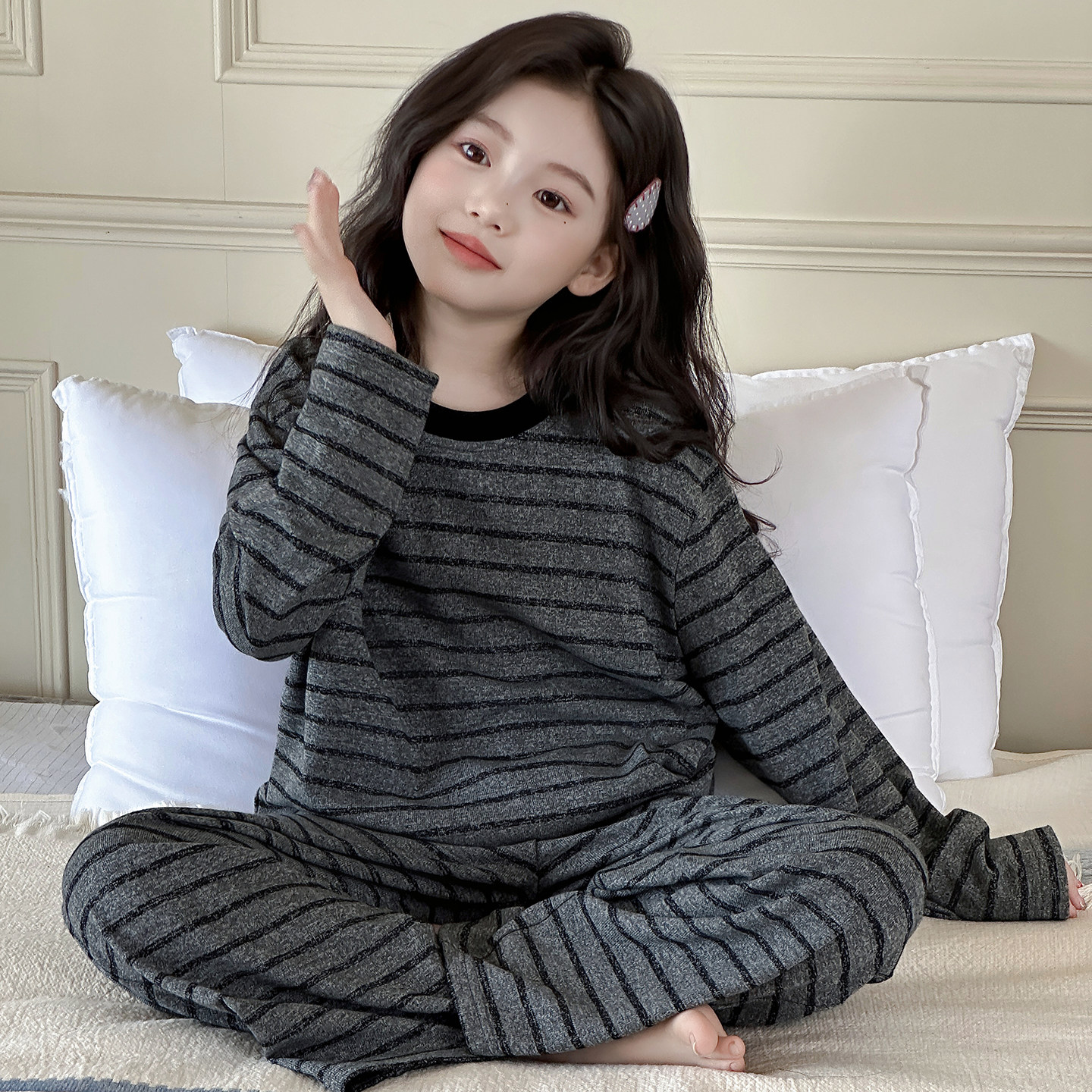 儿童睡衣春秋韩系简约条纹家居服