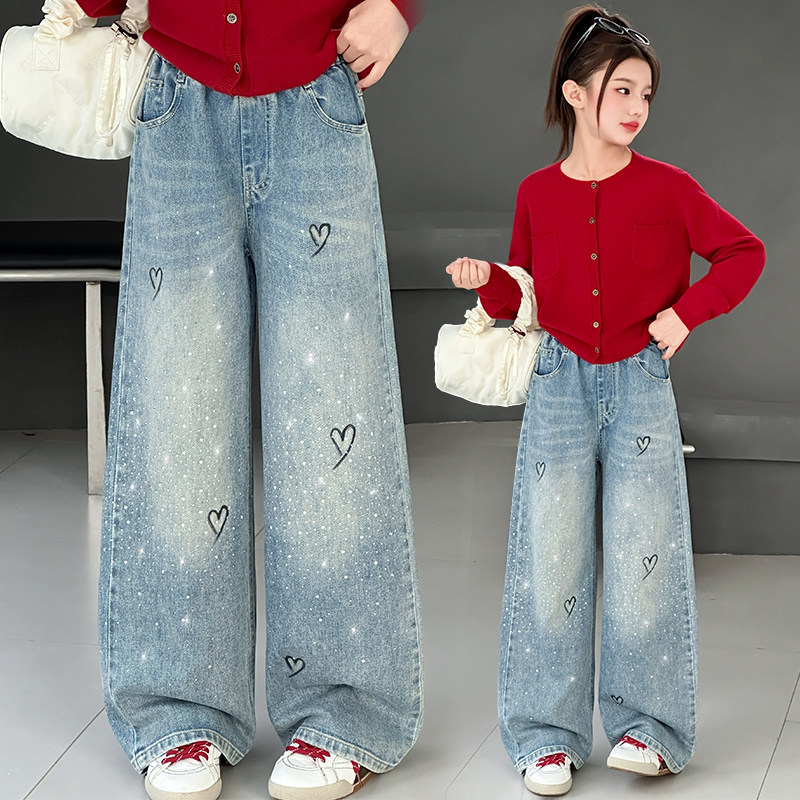 春秋韩版女童爱心烫钻阔腿牛仔裤儿童高腰直筒长裤宽松休闲长裤潮,童装/婴儿装/亲子装,裤子,淘宝优惠券,粉丝福利购,淘宝优惠卷