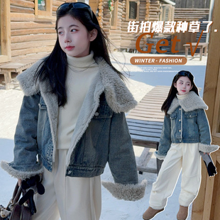 冬季女童羊羔绒毛领加绒牛仔外套女大童儿童保暖短款上衣加绒加厚