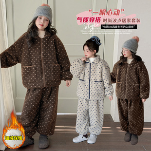 女童法兰绒家居服套装冬季加绒加厚保暖翻领睡衣两件套洋气可外穿