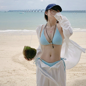 缇芙妮蓝比基尼性感抽褶绑带露背三点式 带胸垫海边亮色拍照泳衣女