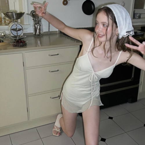 抹茶白绿格纹甜欲少女连体泳衣女