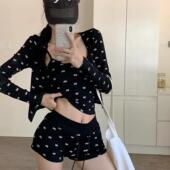 性感三件套游泳衣女 显瘦遮肚分体带胸垫平角裤 可爱蝴蝶结长袖 罩衫