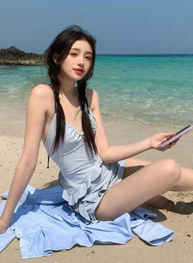 atlantic2025新款冰蓝色连体泳衣女绝美度假吊带蛋糕裙式温泉泳装