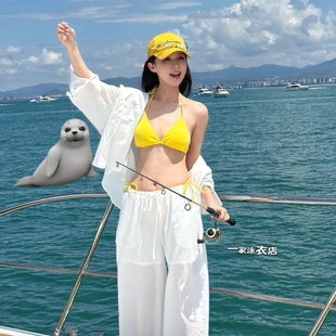 明媚黄色比基尼游轮海边度假白色长袖衬衫宽松防嗮棉麻长裤套装女