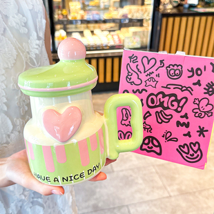 陶瓷杯女生高颜值大容量办公室带盖泡茶马克杯可爱食品级耐高温