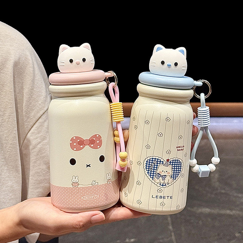 软萌猫咪保温杯陶瓷覆层内胆女生牛奶瓶高颜值随行吸管杯上学专用