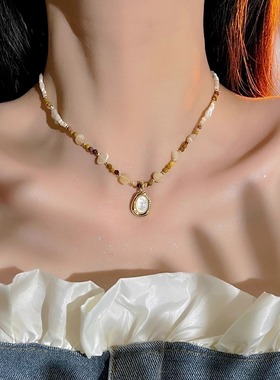 暖色白贝母天然石串珠项链百搭复古锁骨链