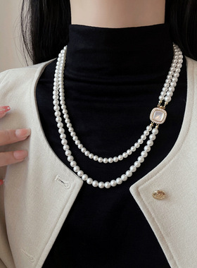 女双层长款珍珠毛衣链