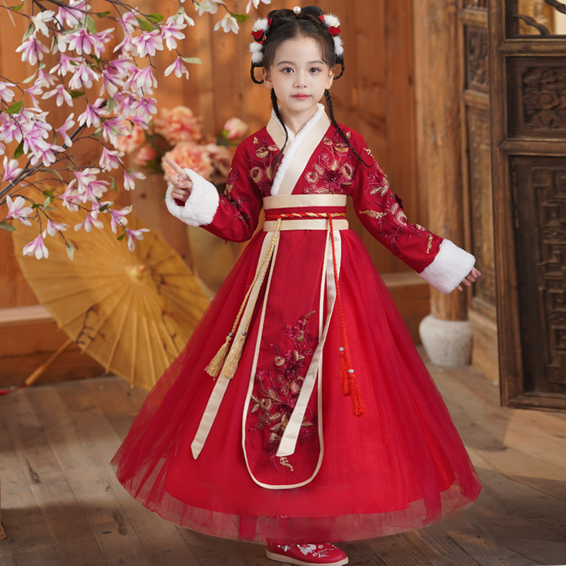 汉服女童唐装裙冬季2024新款加绒中国风超仙古装新年装拜年服裙子