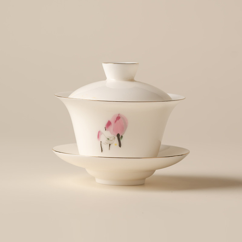 茗瓷点白瓷荷花釉上彩高足盖碗茶具高档描金女性中国白茶具送礼