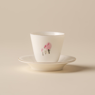 白瓷釉上彩描金口沿荷花茶杯品茗杯带杯托办公家用防烫茶杯主人杯