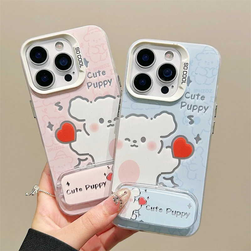 爱心情侣小狗12ProMax高级感苹果14适用彩银iPhone16e可爱手机壳硬15plus红米k80Ultra一加13T带镜子支架卡通
