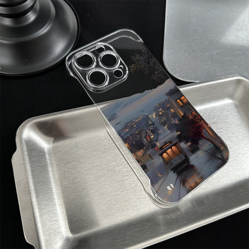 iPhone12高级感乡镇风景小众真我15硬16plus手机壳带支架苹果14ins风无边框小米17ProMax适用超薄一加13T透明