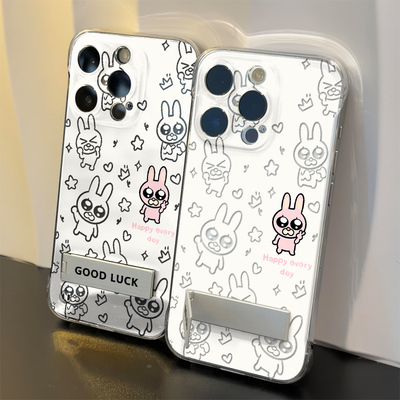 高级感苹果15超薄14plus无边框13透明12ProMax适用硬华为Mate60兔子秀珍iPhone17手机壳带支架16可爱OPPOa58x