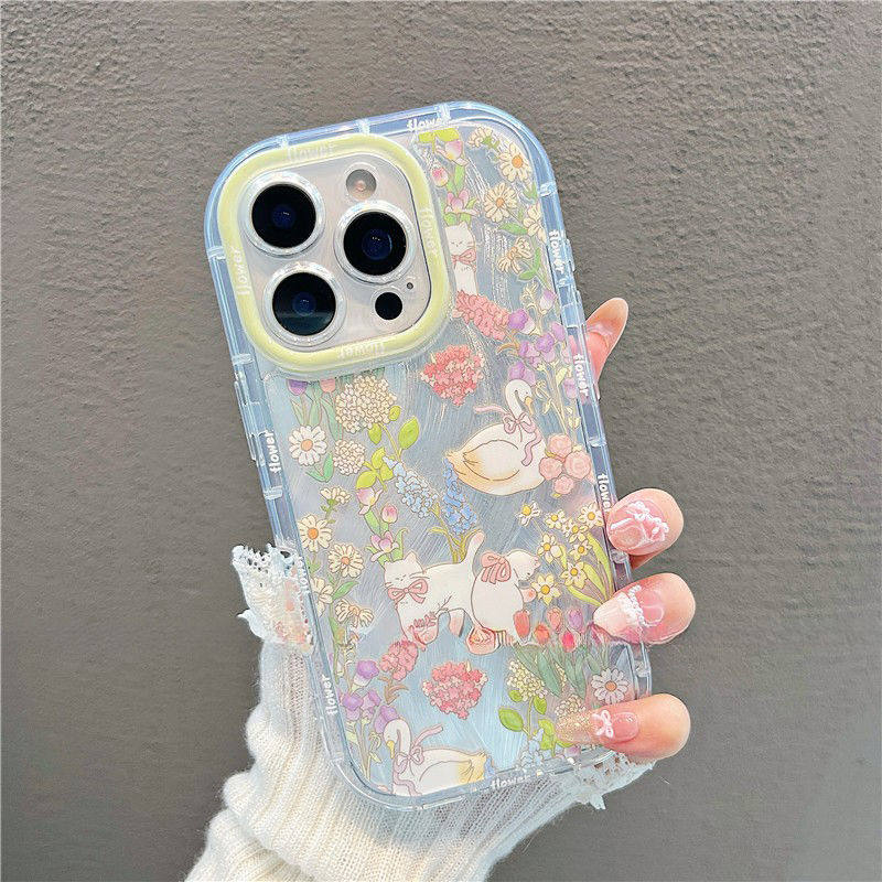 花丛鸭子猫咪iPhone12带镜子支架15PLUS苹果16ProMax高级感13适用ins风OPPOReno14羽纱泡芙手机壳软VIVOX200S