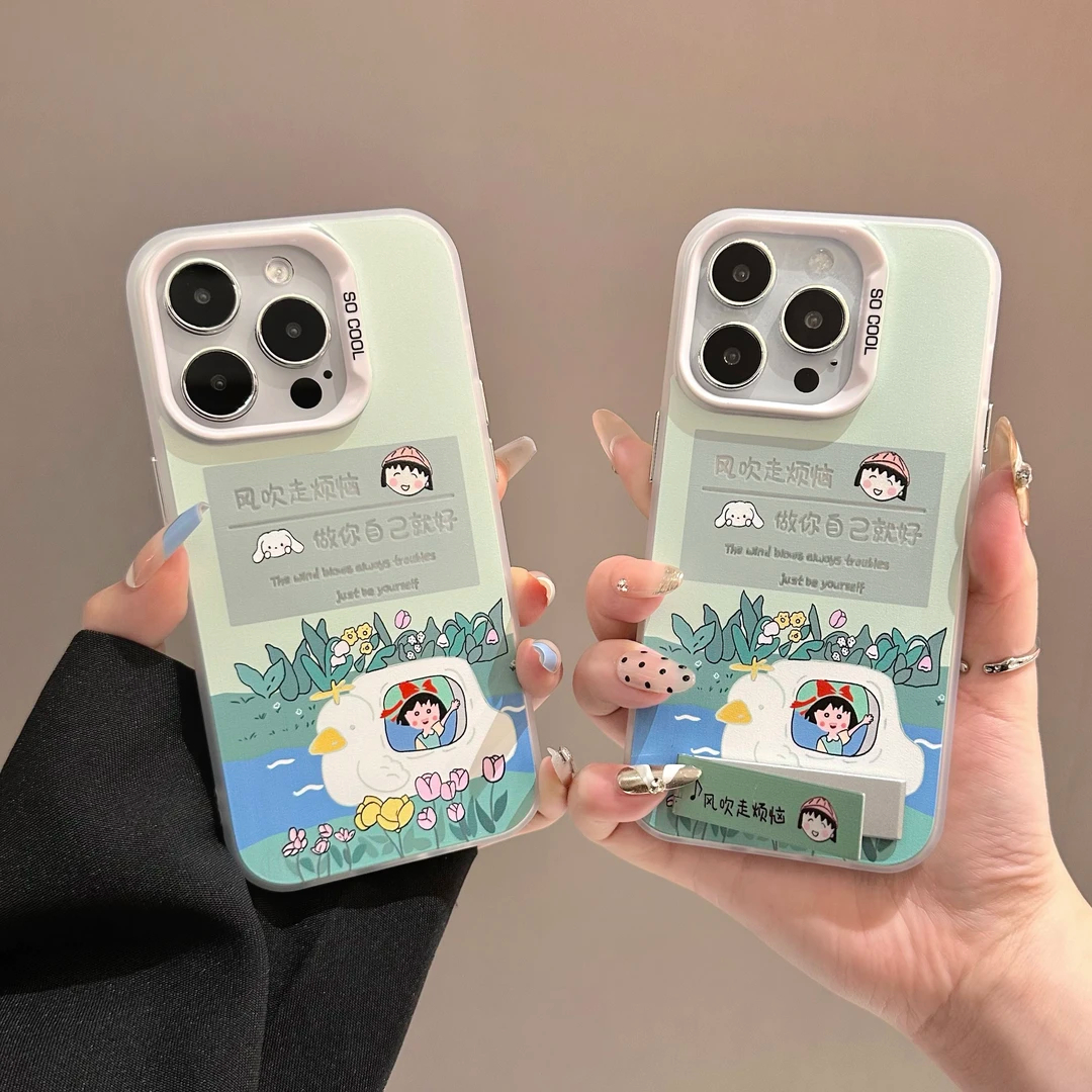 手机壳带支架16ProMax吹走烦恼小丸子适用iPhone12彩银ins风OPPORENO14卡通硬小米15SPRO苹果13红米TURBO4PRO