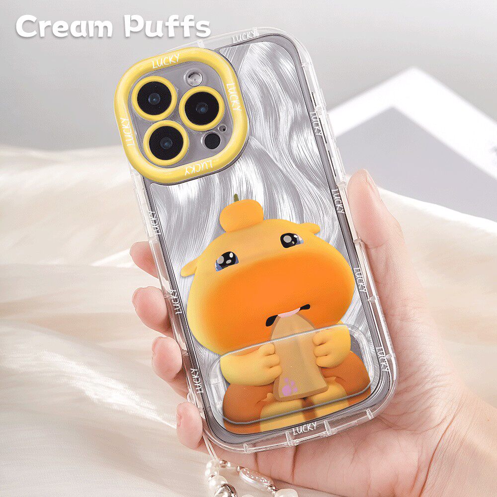 iPhone13苹果16e委屈水豚适用14plus羽纱泡芙12手机壳软红米K90ProMax可爱带挂绳小米17少女心镜子支架一加15