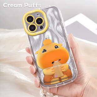 iPhone13苹果16e委屈水豚适用14plus羽纱泡芙12手机壳软红米K90ProMax可爱带挂绳小米17少女心镜子支架一加15