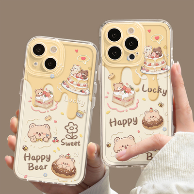 奶油小熊苹果12可爱OPPOFINDX8手机壳iPhone14plus荣耀300卡通小米15Pro适用16ProMax透明软VIVOs9华为NOVA13