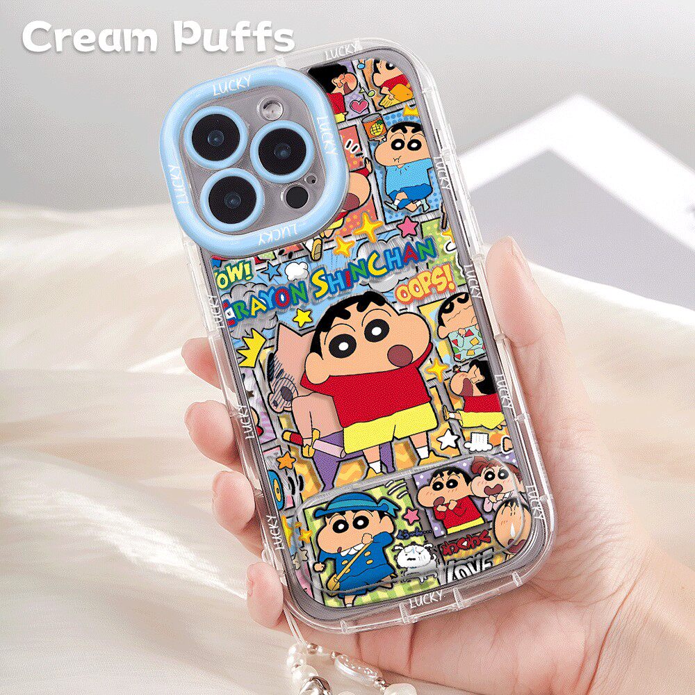 镜子支架iPhone13卡通手机壳带挂绳12满屏涂鸦小新适用17ProMax少女心Reno15羽纱泡芙软Nova14活力苹果16plus