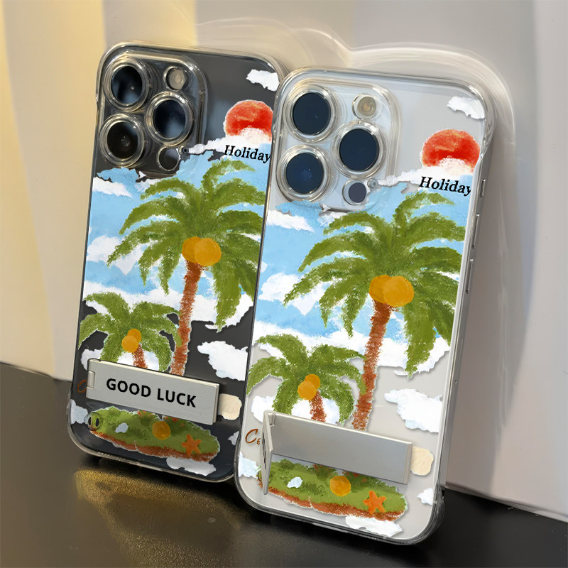 iPhone16高级感涂鸦夏日椰树OPPOReno14超薄透明苹果15无边框13promax手机壳带支架12适用红米K80PRO硬荣耀GT