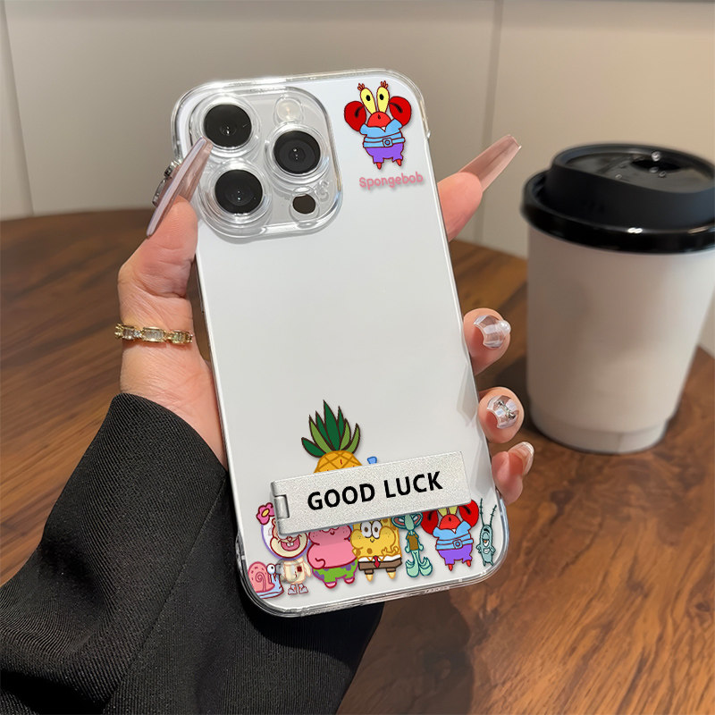 无边框15透明14plus手机壳带支架苹果13高级感12ProMax适用硬iPhone16e超薄华为Mate70卡通蟹堡王荣耀300卡通