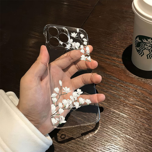 14无边框华为16pm树枝花朵荣耀OPPO15promax适用iPhone12透明硬VIVO小米小清新苹果13手机壳带支架超薄k70pro