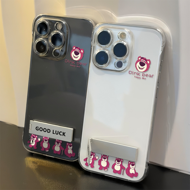 无边框15plus手机壳带支架苹果13高级感12透明14ProMax适用硬iPhone16超薄VIVOx90可爱卡通草莓熊红米k70女款