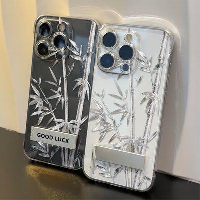 华为NOVA14PRO苹果12小米15透明超薄iPhone13适用满屏国潮竹子iQOOneo10无边框硬16ProMax高级感手机壳带支架