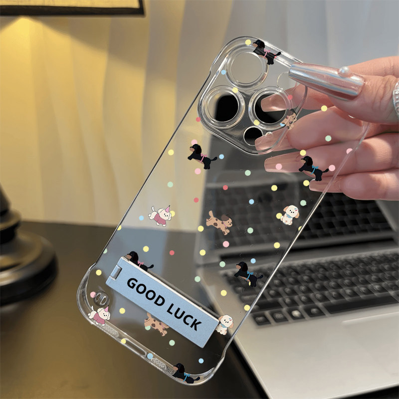 苹果16无边框适用iPhone15pro超薄红米note14手机壳带支架13promax透明12硬OPPOfindx8高级感vivos20波点小狗