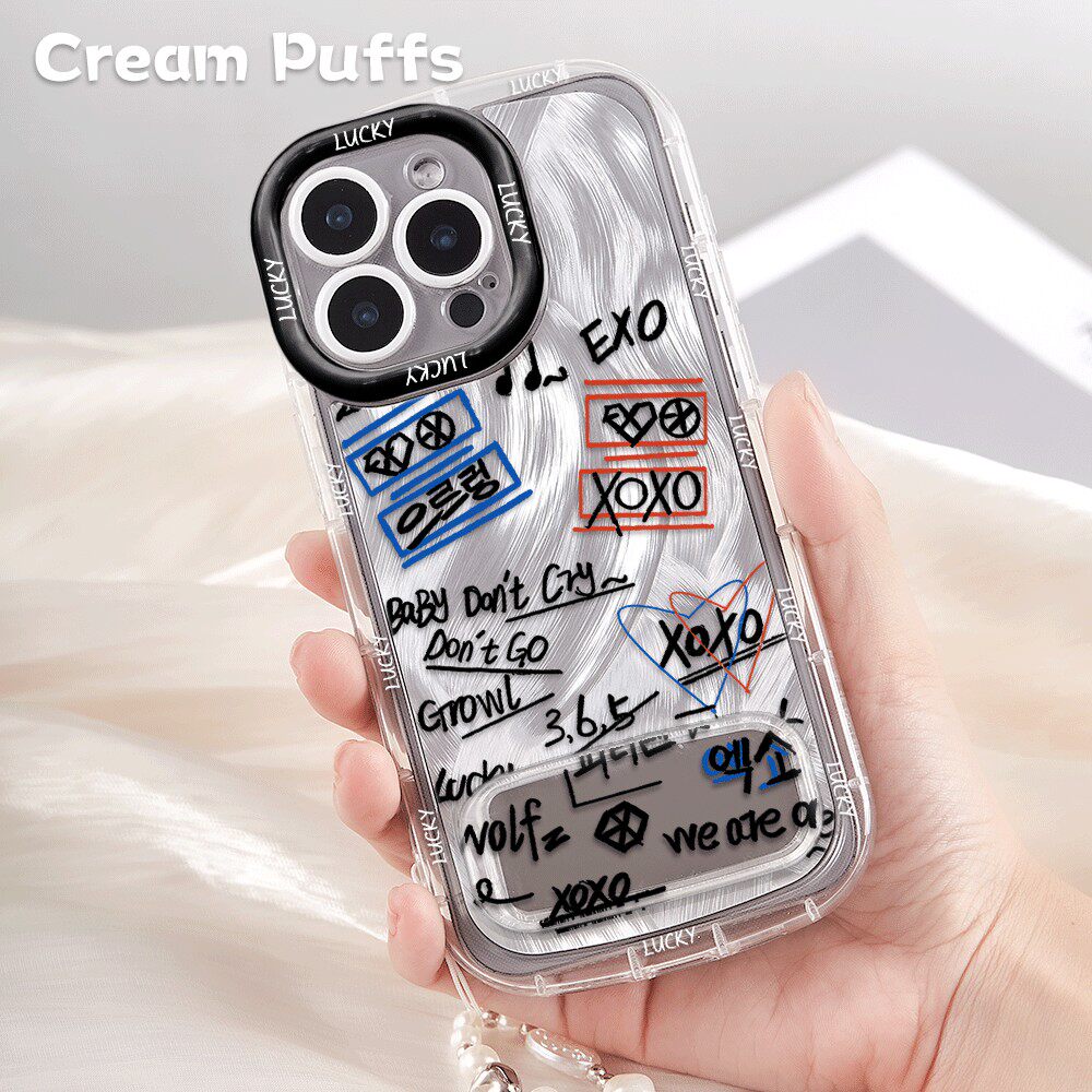 iPhone16适用小米17带挂绳荣耀畅玩70PLUS创意华为P70PRO手机壳软13p苹果14镜子支架15ProMax个性满屏涂鸦EXO