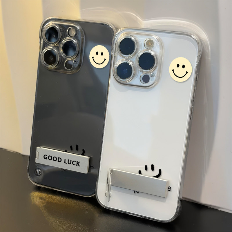 iPhone16高级感14promax超薄透明苹果15无边框13手机壳带支架12适用华为mate70微笑笑脸红米TURBO4硬VIVOx200