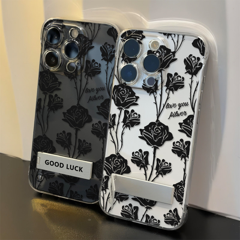 小米15Ultra无边框OPPOReno13满屏玫瑰手机壳带支架iPhone16e高级感14promax超薄透明苹果12适用真我GT5pro硬