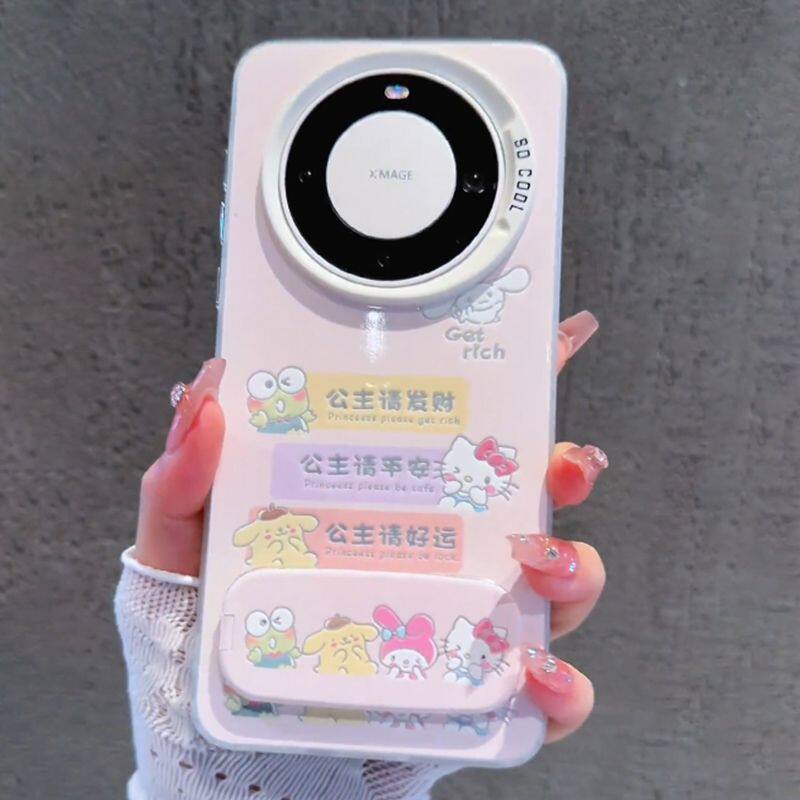 iPhone13彩银12适用14高级感kt猫公主请发财OPPOFindx8少女心苹果16ProMax带镜子支架15plus手机壳硬VIVOx200