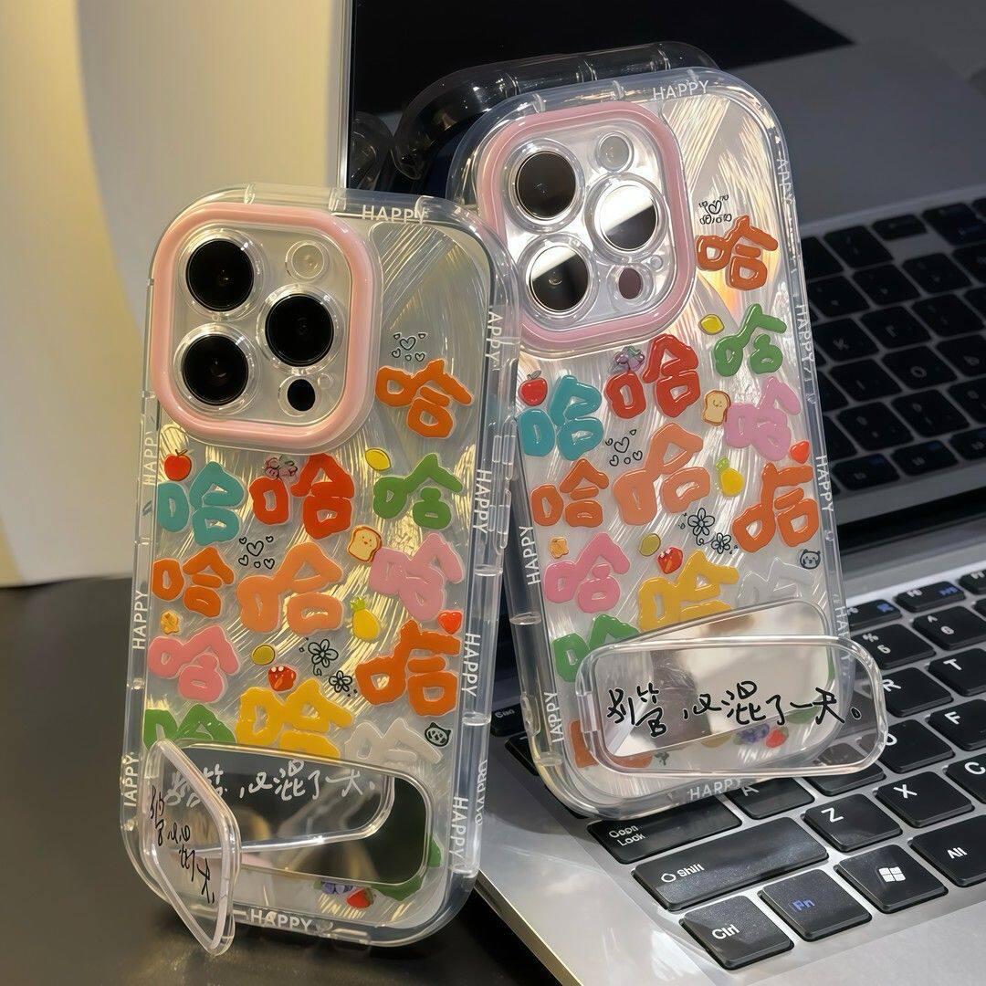 带镜子支架ins风一加ACE5竞速版13ProMax羽纱泡芙小米14苹果16e彩色哈哈哈适用Nova12软手机壳iPhone15高级感