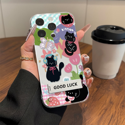 iPhone16透明15适用硬14plus无边框苹果13超薄手机壳带支架12ProMax高级感耳机黑猫小米15一加ACE5OPPOReno14