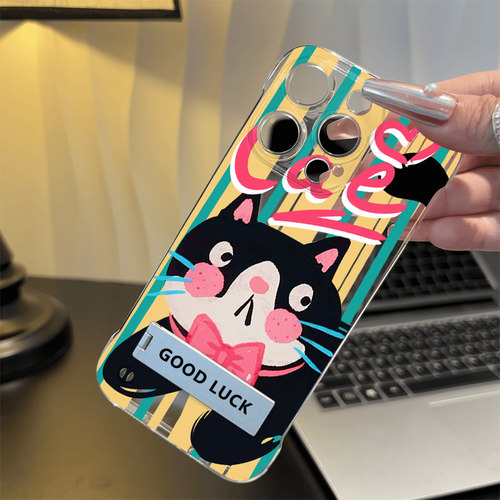 创意蝴蝶结黑猫无边框iPhone16手机壳带支架S20适用小米15透明NOTE14苹果13ProMax超薄K12S高级感P70硬卡通女
