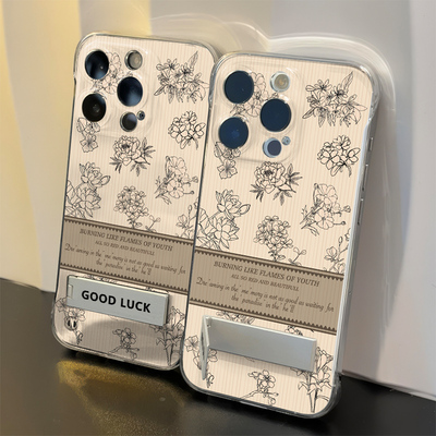 简约复古花15ProMax无边框硬ins风苹果14超薄IQOOZ10TURBO高级感12小众适用iPhone16透明手机壳带支架一加13T