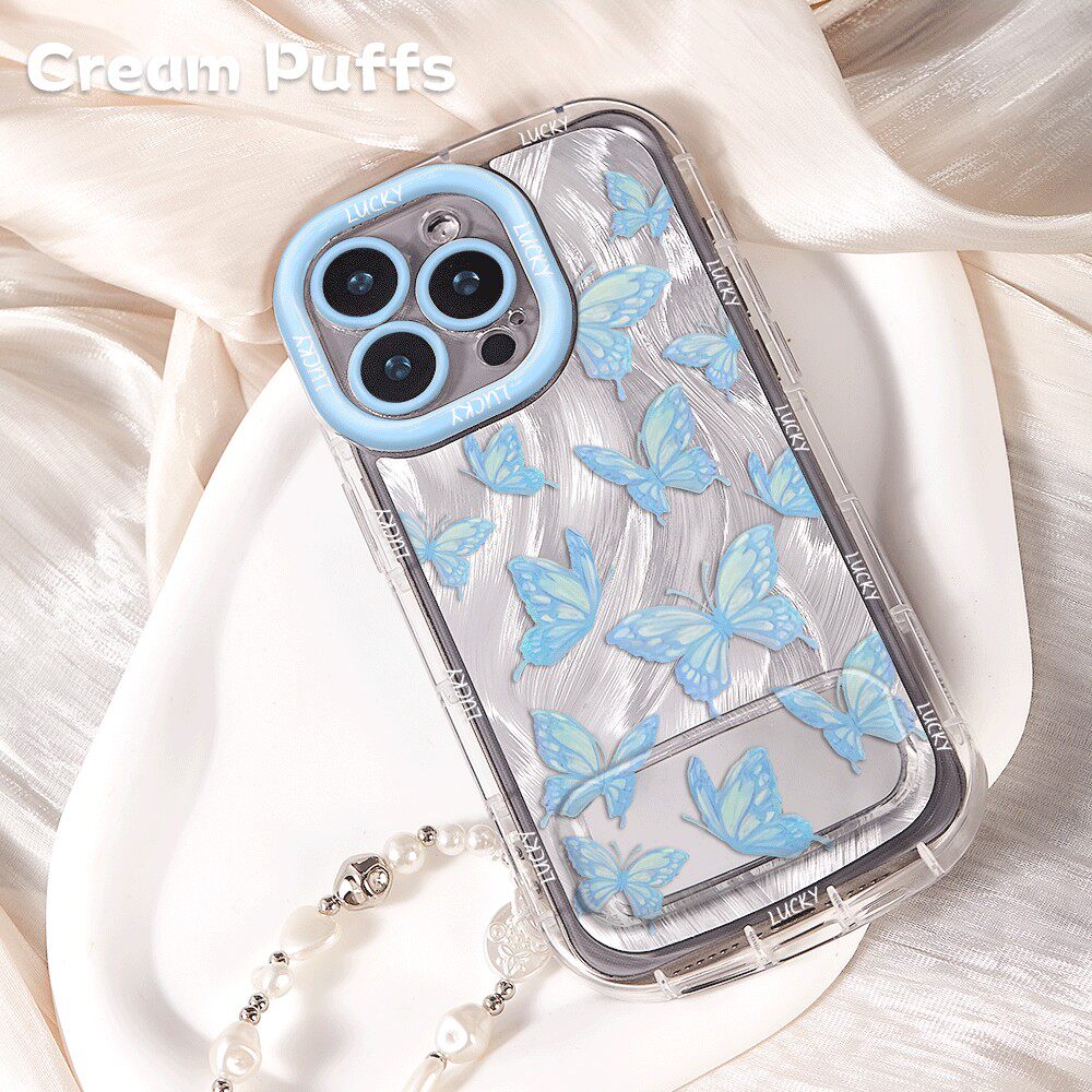 羽纱泡芙适用iPhone15少女心k90蓝色蝴蝶14plus镜子支架16ProMax软小米17带挂绳12苹果13手机壳ins风一加ACE6
