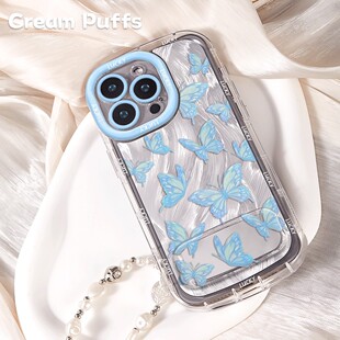 羽纱泡芙适用iPhone15少女心k90蓝色蝴蝶14plus镜子支架16ProMax软小米17带挂绳12苹果13手机壳ins风一加ACE6