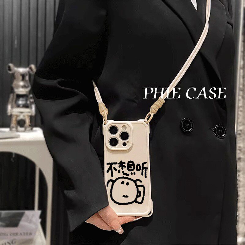 适用防摔12ProMax创意不想听苹果14四角开孔NOVA13斜挎手腕挂绳11小众iPhone15手机壳软16plus透明OPPOFindx8