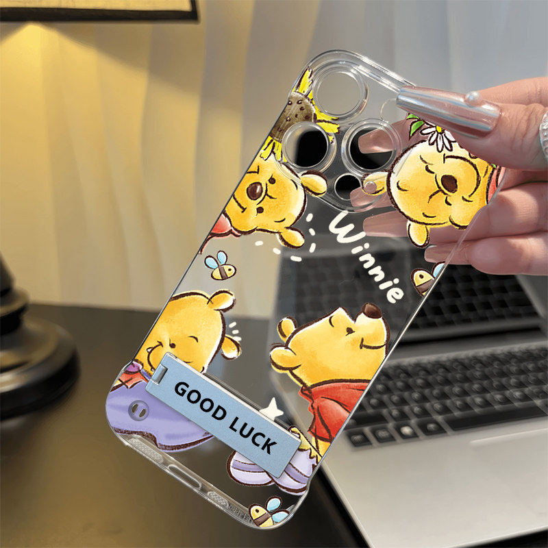 维尼熊无边框iPhone16E手机壳带支架15Ultra苹果14Plus适用IQOO13透明12ProMax超薄K80Pro高级感MAGIC7硬卡通