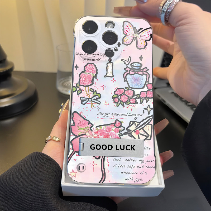 14plus无边框13透明12ProMax适用硬荣耀400春日蝴蝶玫瑰花iPhone17手机壳带支架16高级感苹果15超薄s30少女心