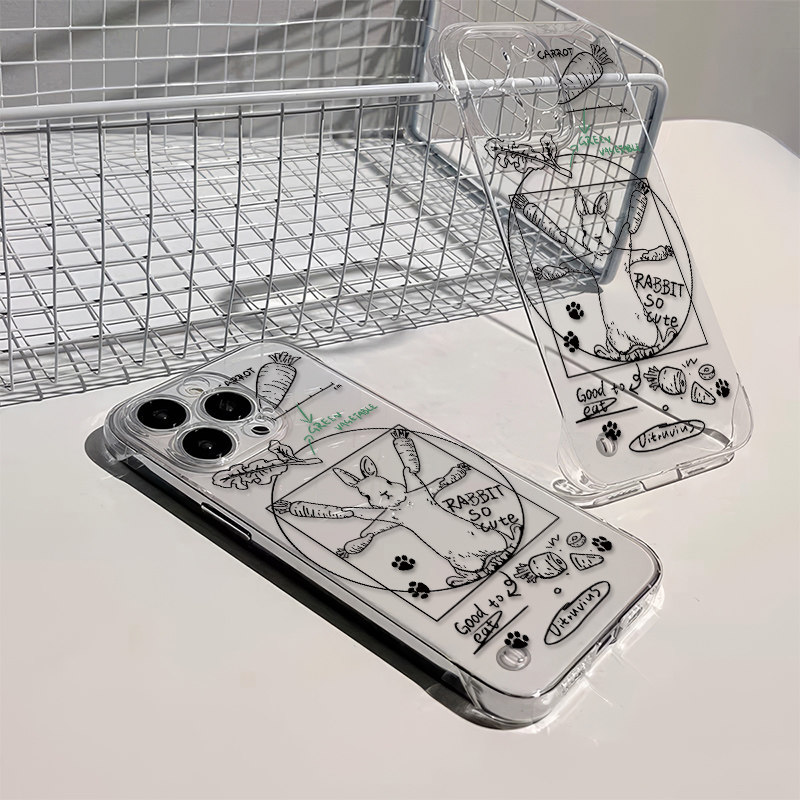 OPPOa58创意兔子线稿手机壳带支架14无边框华为nova13pro16promax荣耀iPhone15适用12超薄VIVO小米苹果透明硬