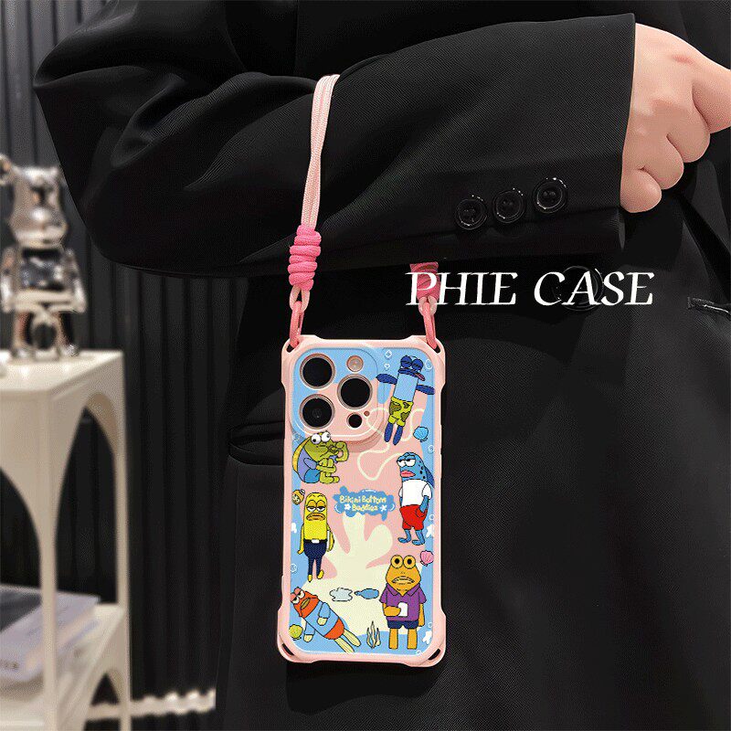 苹果12透明适用VIVOIQOOneo9防摔15手机壳软14ProMax可爱比奇堡居民16plus四角开孔13斜挎iPhone卡通手腕挂绳