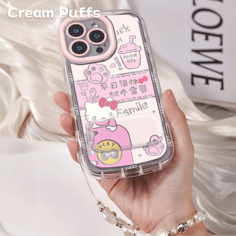 iPhone16适用华为NOVA14带挂绳15plus高颜值OPPOA6GT手机壳软苹果13镜子支架可爱17ProMax少女心做个富婆kt猫