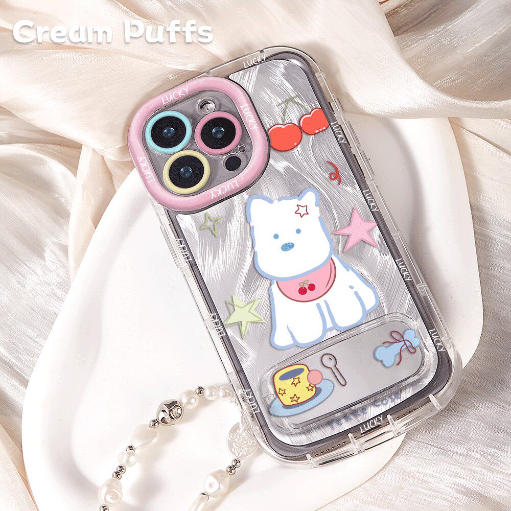 手机壳软12ProMax适用17镜子支架苹果16带挂绳iPhone13少女心一加15樱桃西高地小狗14plus羽纱泡芙OPPOFINDX9