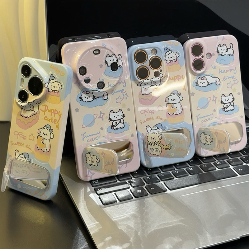a58x情侣甜品猫狗12ProMax适用OPPOReno14高级感苹果16带镜子支架15plus手机壳硬iPhone13菲林荣耀x70i少女心