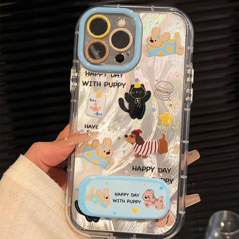 可爱小米15带镜子支架16PLUS羽纱泡芙高级感适用x200s卡通腊肠狗猫咪VIVOS30苹果12软14手机壳iPhone13ProMax